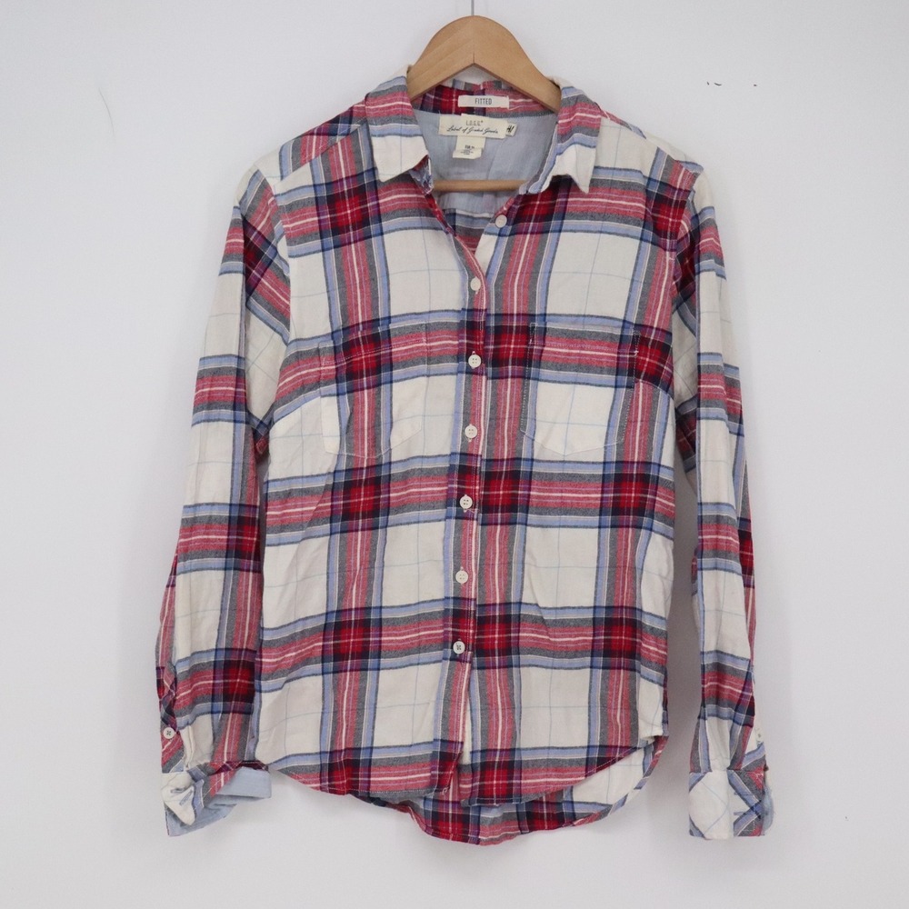 H&M Button Down Womens 6 L.O.G.G. Fitted Red White Blue Plaid Cotton Excellent